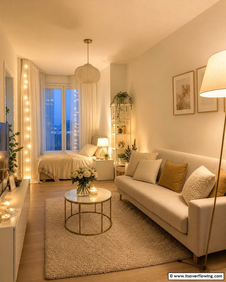Incorporate Layered Lighting - 25 Budget Apartment Living Room Ideas for Small Spaces