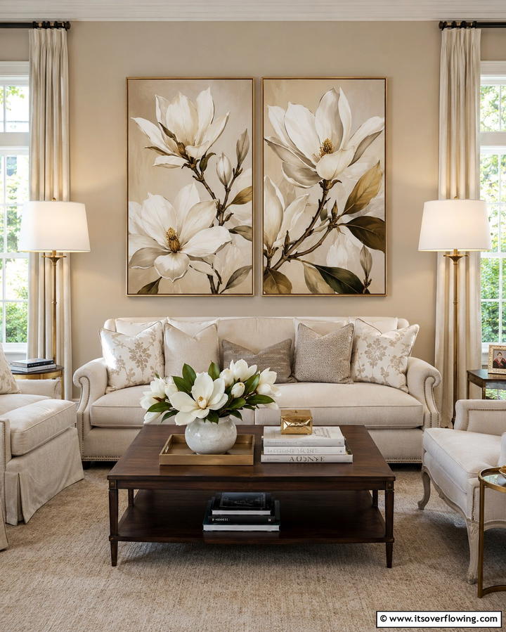 Incorporate Magnolia Inspired Artwork - 25 Magnolia Living Room Ideas for Timeless Elegance