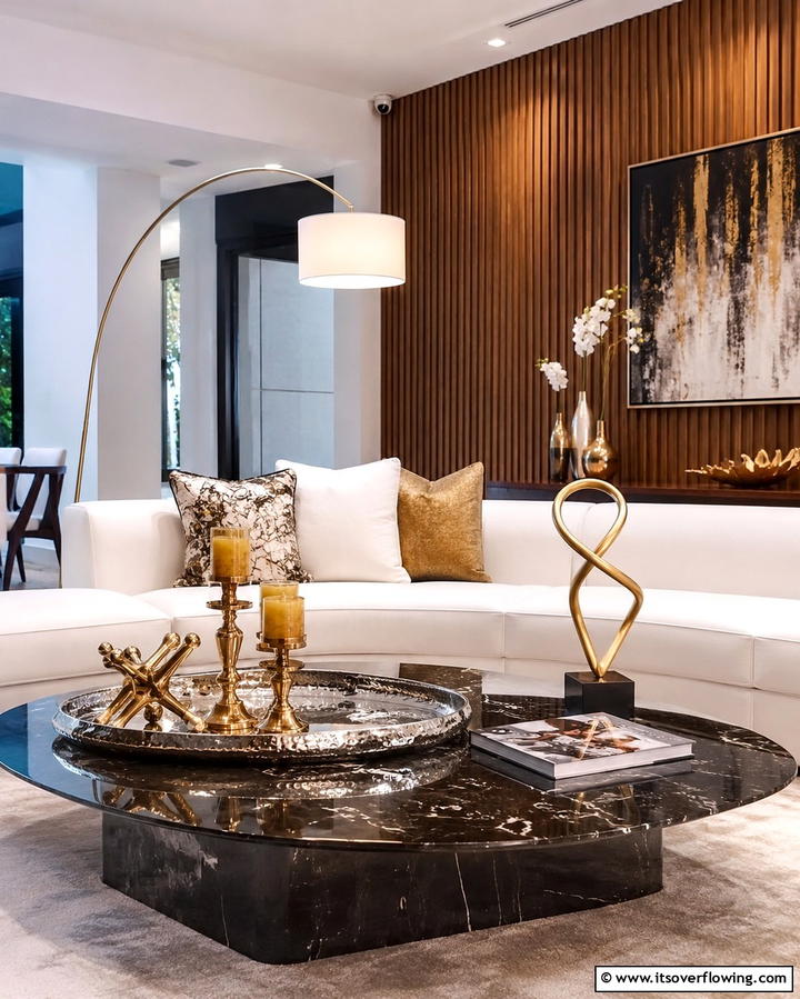Incorporate Metallic Accents for Shine - 25 Coffee Table Decor Ideas for Stylish Living Rooms