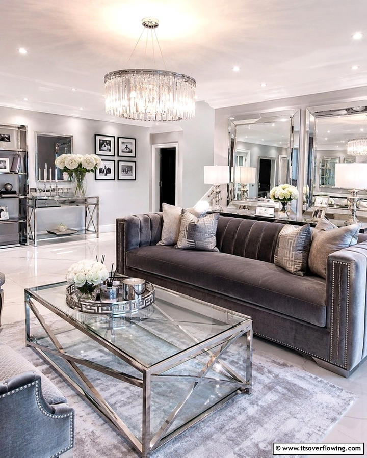 Incorporate Metallic Accents - 30 Grey Couch Living Room Styling Ideas for Cozy Spaces