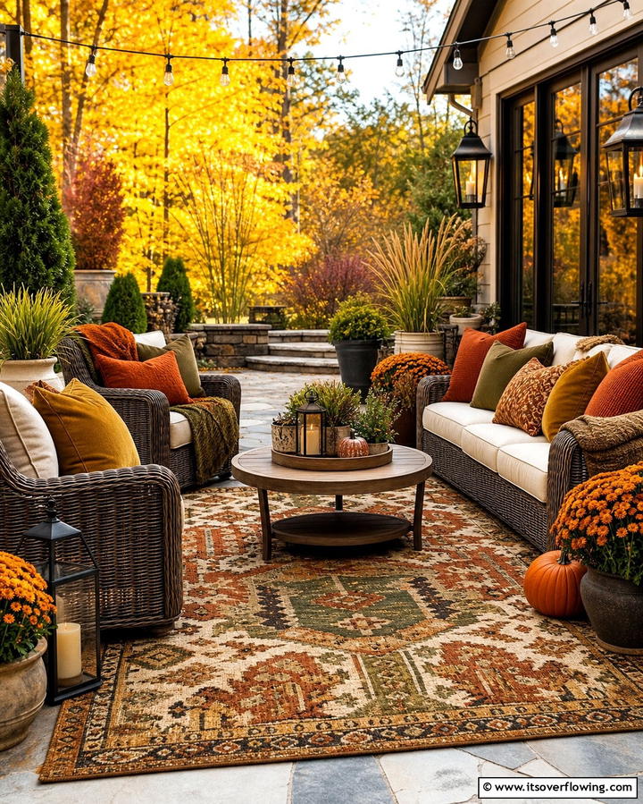 Incorporate Outdoor Rugs and Pillows - 25 Fall Garden Ideas to Beautify Your Outdoor Space