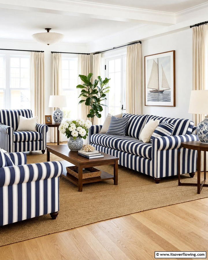Incorporate Striped Upholstery - 20 Preppy Living Room Ideas for a Chic Space