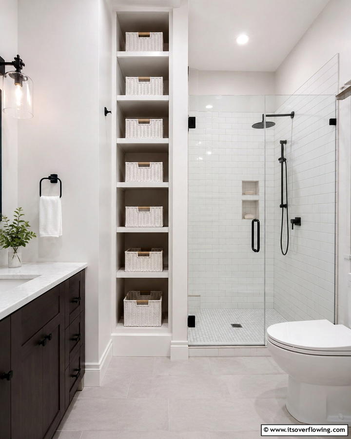 Incorporate Vertical Storage Solutions - 30 Small White Bathroom Ideas to Brighten Compact Spaces