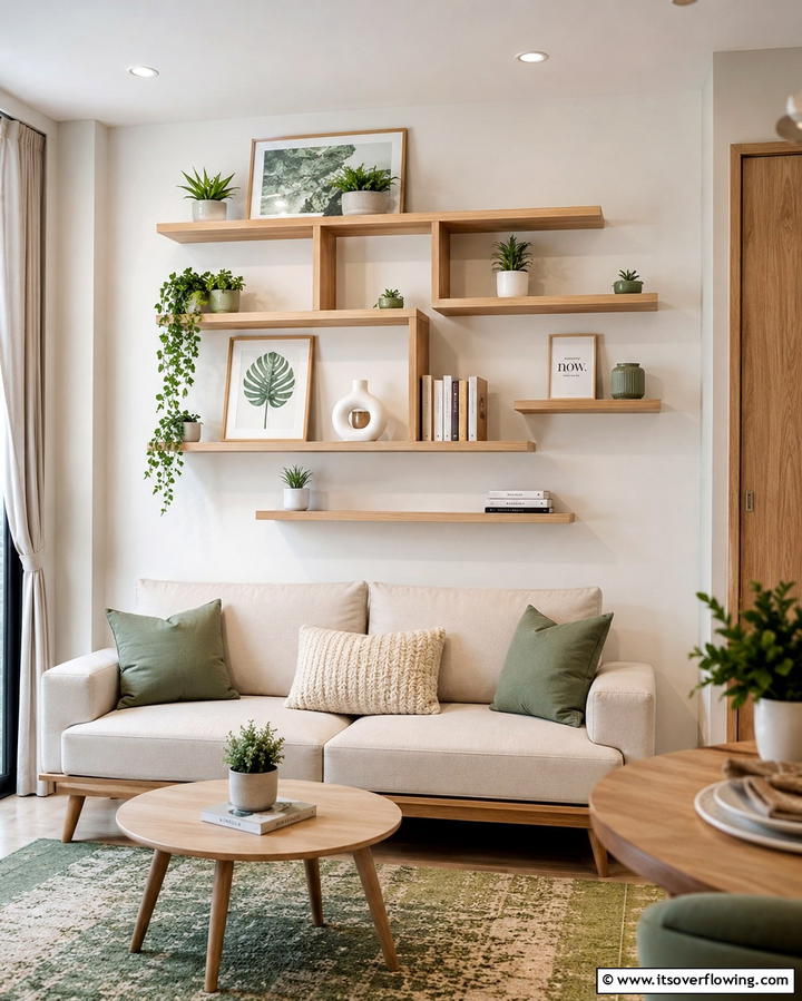 Incorporate Wall Mounted Shelving - 30 Space-Saving Condo Living Room Ideas for Urban Dwellers