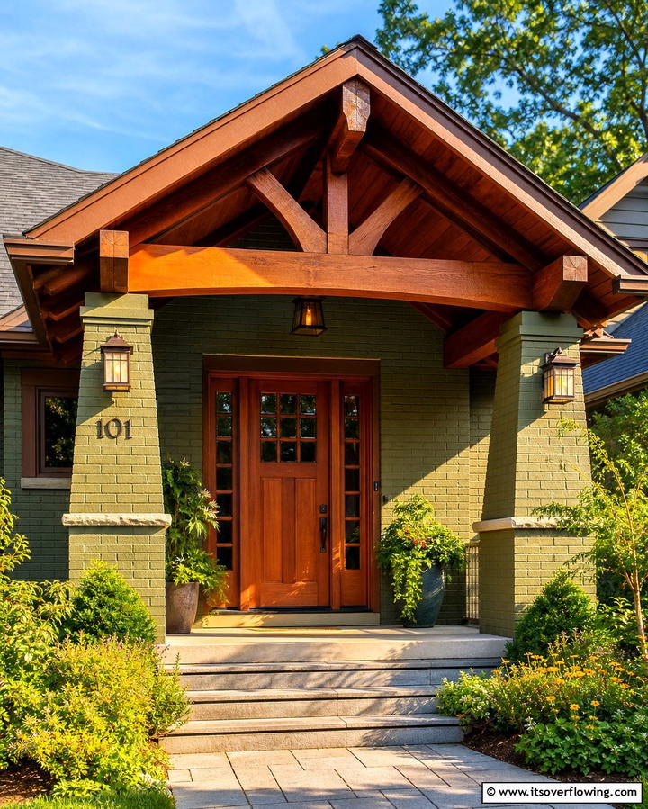 Incorporate Wooden Elements - 25 Sage Green Painted Brick House Ideas for a Fresh Look