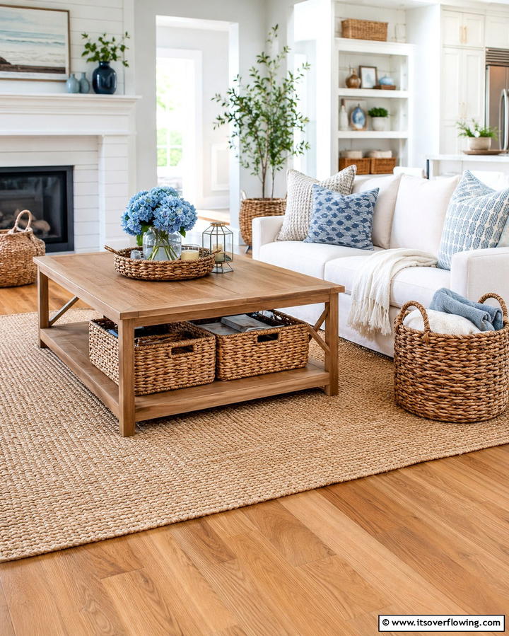 Incorporate Woven Storage Baskets - 25 Magnolia Living Room Ideas for Timeless Elegance