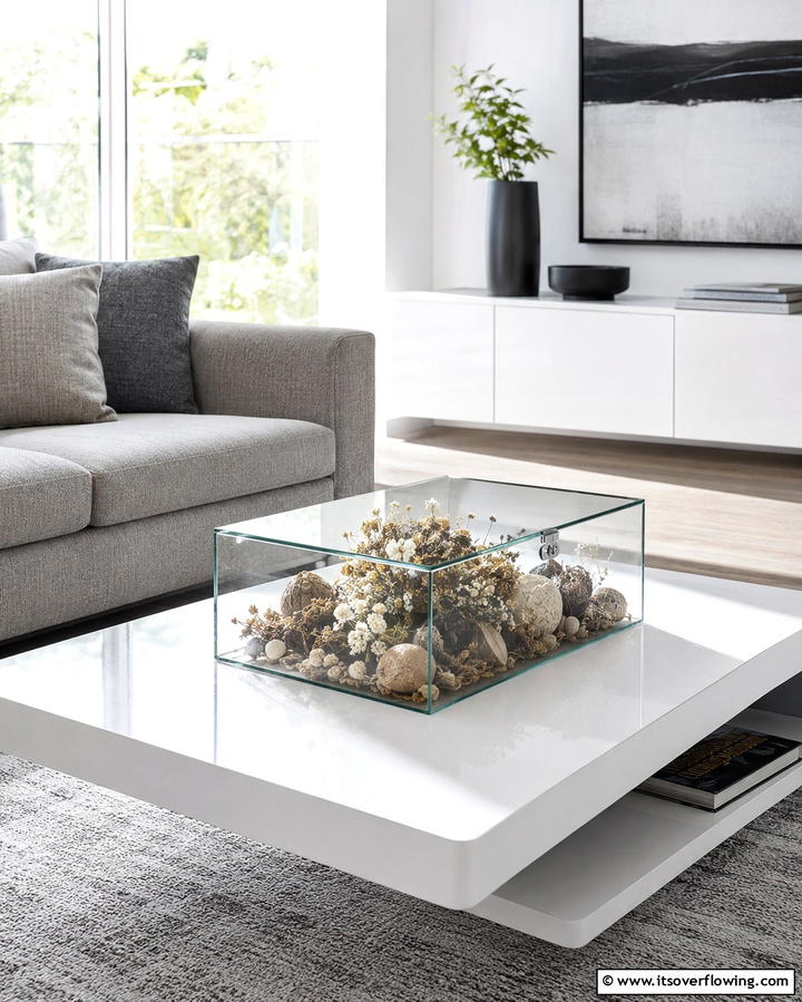 Incorporate a Glass Box for Keepsakes - 25 Coffee Table Decor Ideas for Stylish Living Rooms