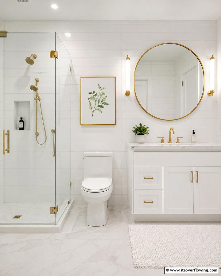 Incorporate a Statement Mirror - 30 Small White Bathroom Ideas to Brighten Compact Spaces