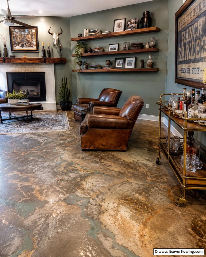 Incorporating Acid Etched Concrete for Unique Patterns - 25 Rustic Concrete Floor Living Room Ideas for Style