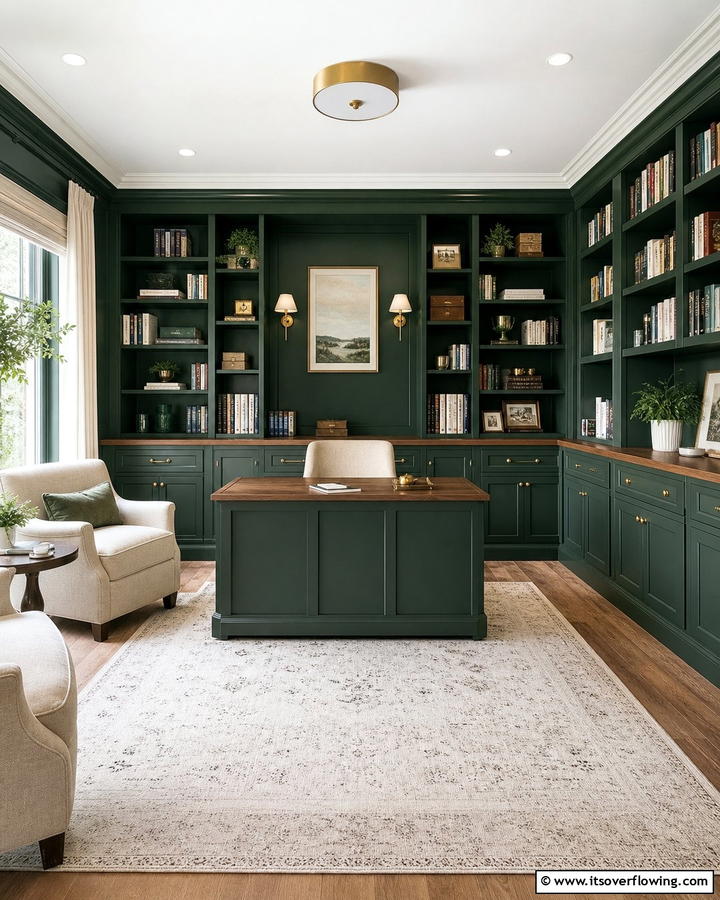 Incorporating Built In Dark Green Cabinets - 20 Dark Green Home Library Ideas and Inspiration