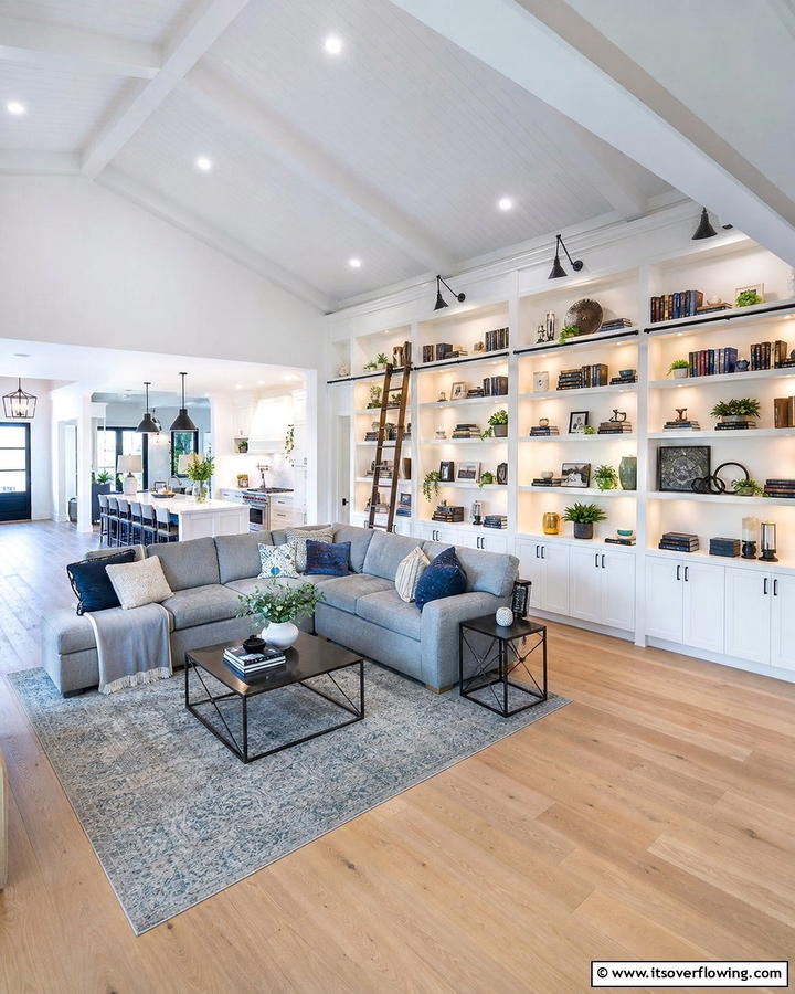 Incorporating Built In Shelving Along the Walls - 20 Open Concept Vaulted Ceiling Living Room Ideas
