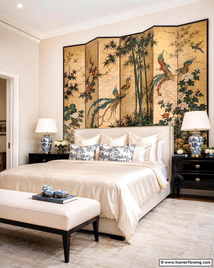 Incorporating Chinoiserie Folding Screens - 25 Chinoiserie Bedroom Ideas for an Exotic Touch