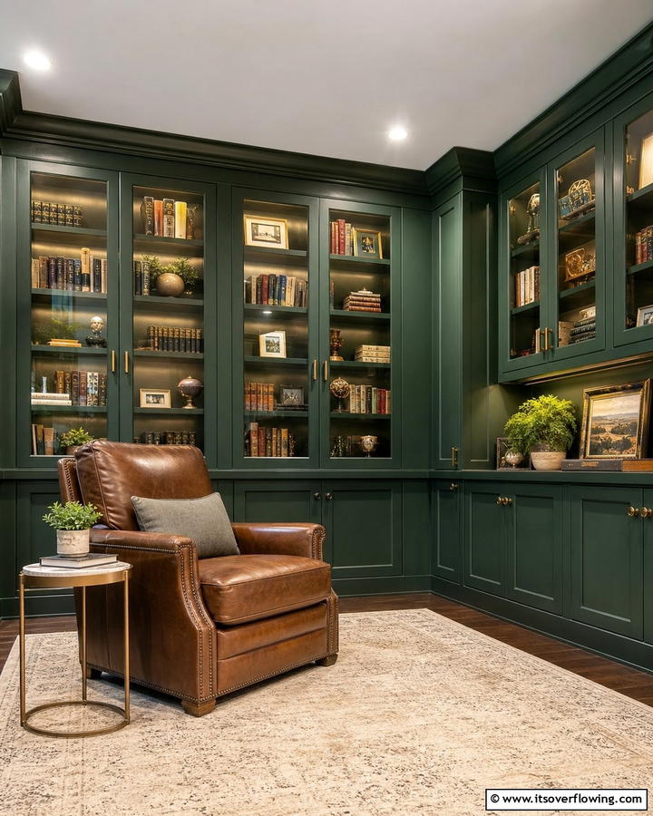 Incorporating Dark Green Bookshelves with Glass Doors - 20 Dark Green Home Library Ideas and Inspiration