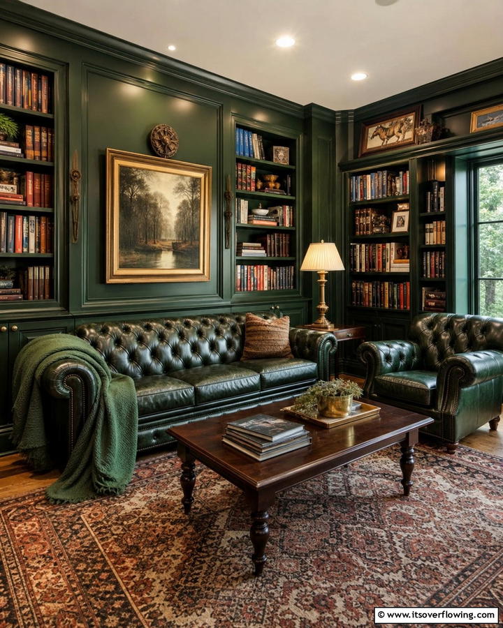 Incorporating Dark Green Leather Furniture - 20 Dark Green Home Library Ideas and Inspiration