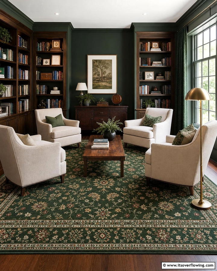 Incorporating Dark Green Rugs to Anchor the Room - 20 Dark Green Home Library Ideas and Inspiration