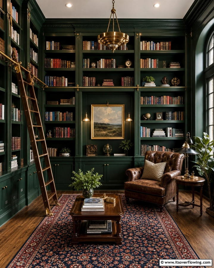 Incorporating Floor to Ceiling Dark Green Shelves - 20 Dark Green Home Library Ideas and Inspiration