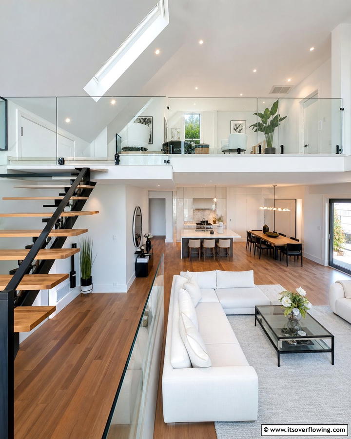 Incorporating Glass Railings for a Lofted View - 20 Open Concept Vaulted Ceiling Living Room Ideas