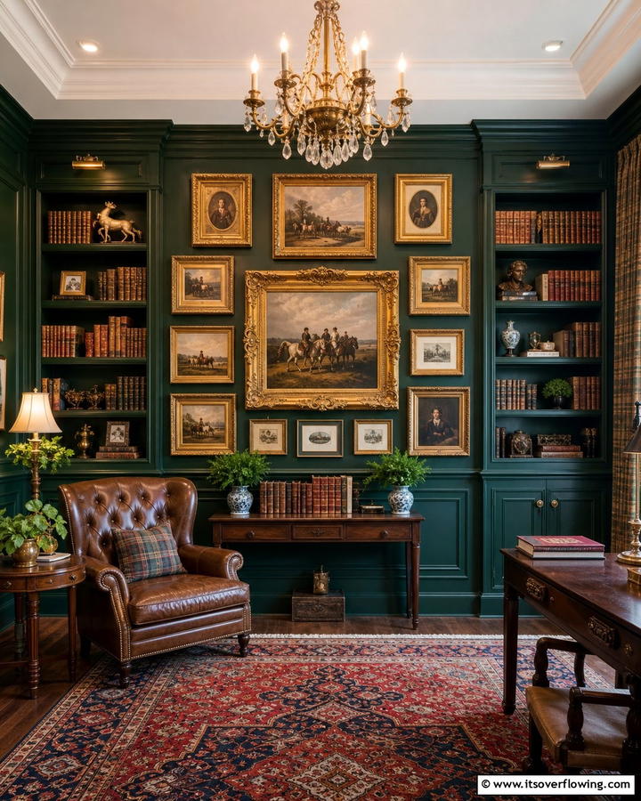 Incorporating Gold Framed Artwork Against Dark Green Walls - 20 Dark Green Home Library Ideas and Inspiration