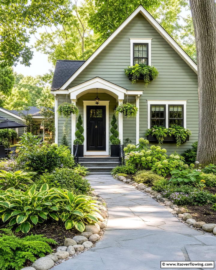 Incorporating Greenery for a Natural Touch - 20 Sage Green House With Black Door Design Ideas