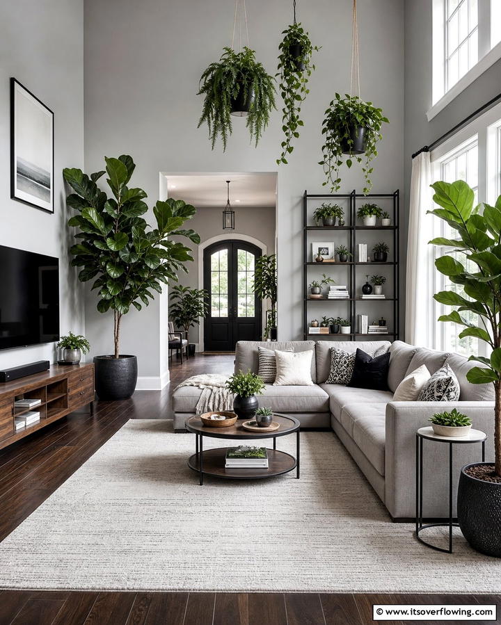 Incorporating Indoor Plants - 30 Grey Living Room & Dark Wood Floor Design Combinations