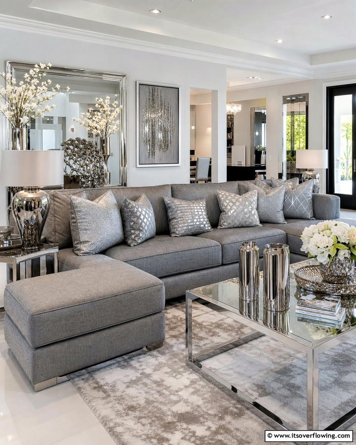 Incorporating Metallic Accents - 25 Grey Sectional Living Room Ideas for Modern Homes