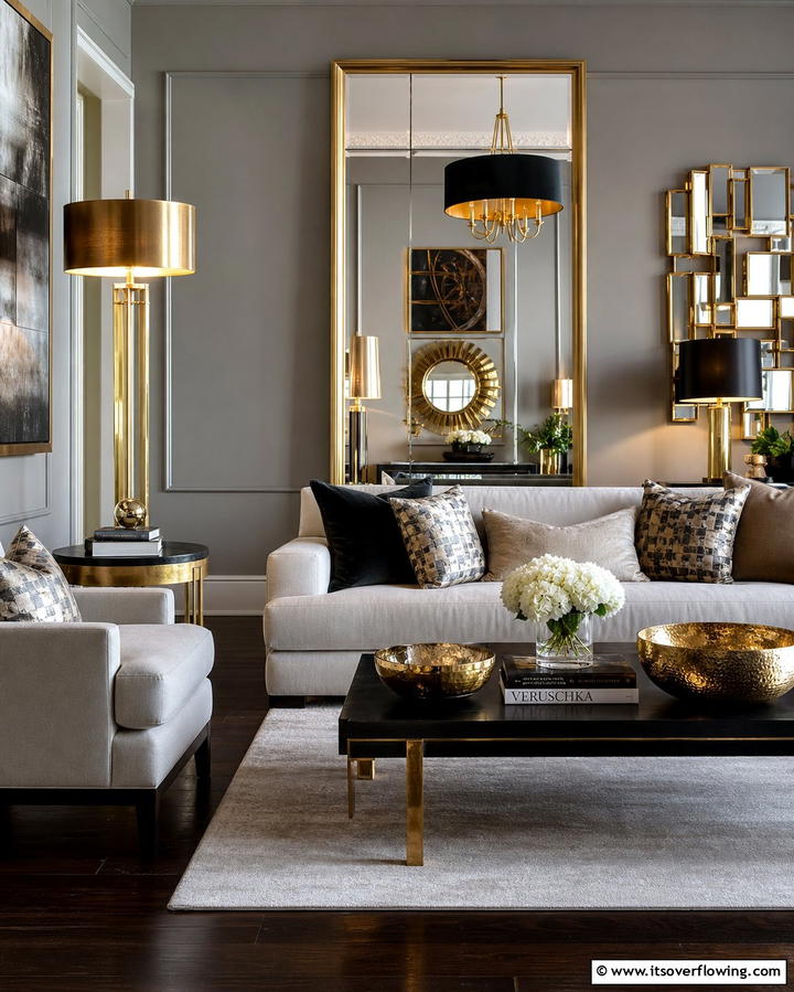Incorporating Metallic Accents - 30 Grey Living Room & Dark Wood Floor Design Combinations