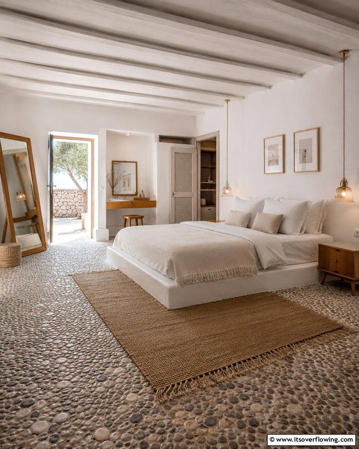 Incorporating Pebble Flooring - 25 Greek Bedroom Design Ideas for a Mediterranean Feel