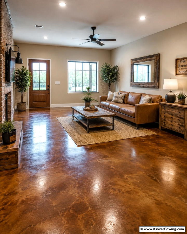 Incorporating Stained Concrete for a Warm Ambiance - 25 Rustic Concrete Floor Living Room Ideas for Style