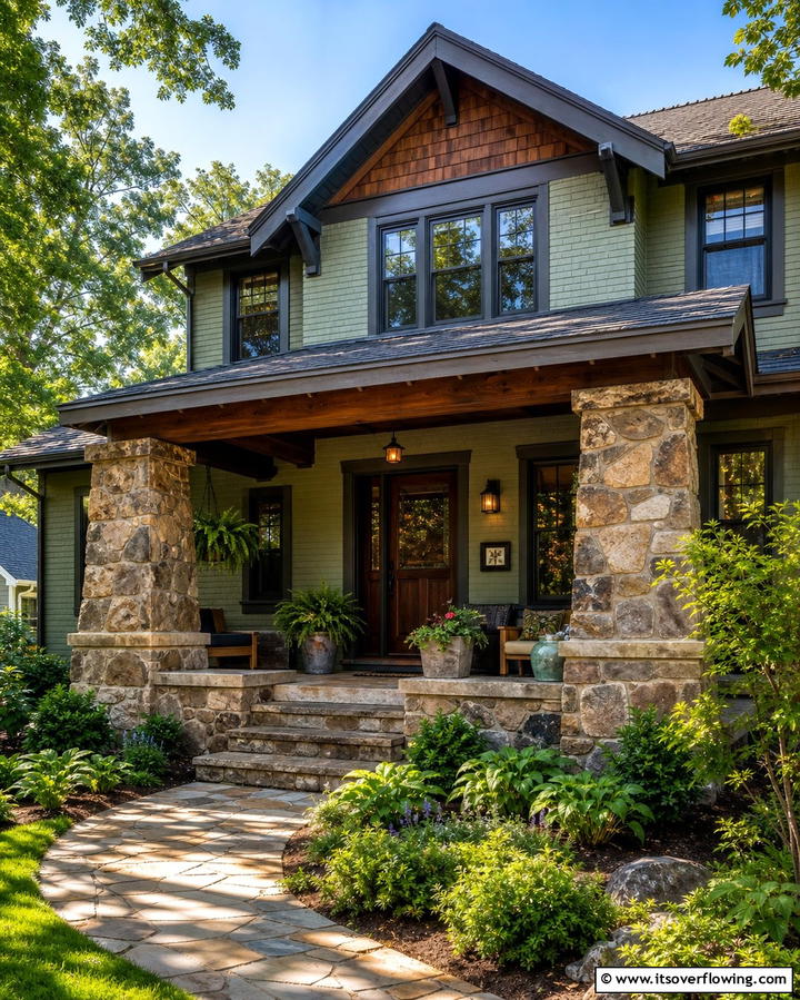 Incorporating Stone Accents - 25 Sage Green Painted Brick House Ideas for a Fresh Look