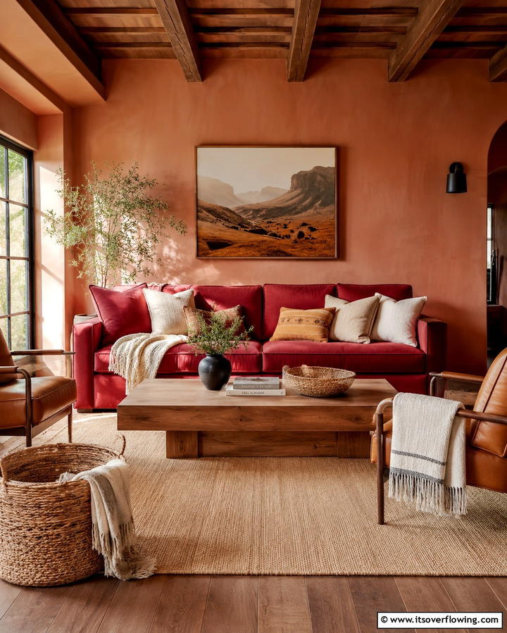Incorporating Warm Earthy Tones - 25 Red Couch Living Room Ideas to Make a Statement