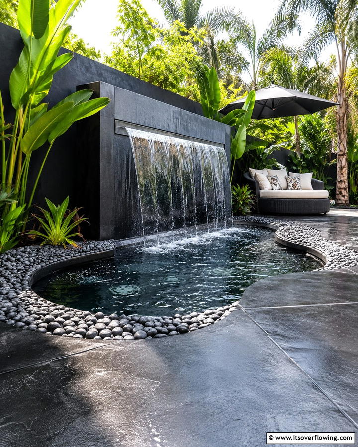 Incorporating Water Features for Serenity - 25 Black Concrete Patio Ideas for Modern Outdoor Spaces
