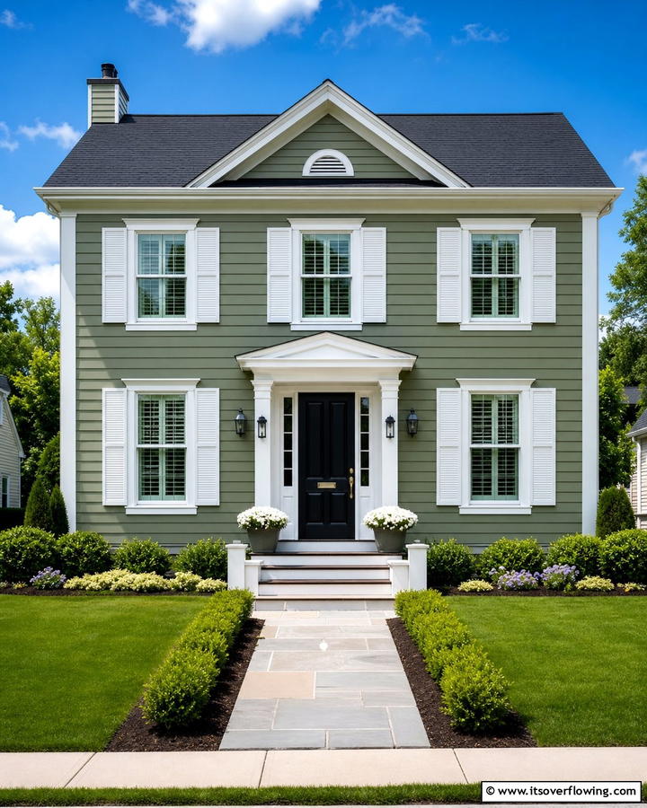 Incorporating White Trim for Balance - 20 Sage Green House With Black Door Design Ideas