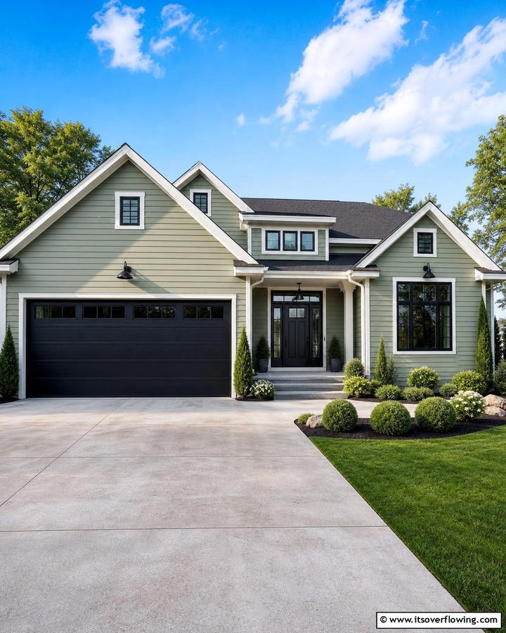 Incorporating a Black Garage Door - 20 Sage Green House With Black Door Design Ideas