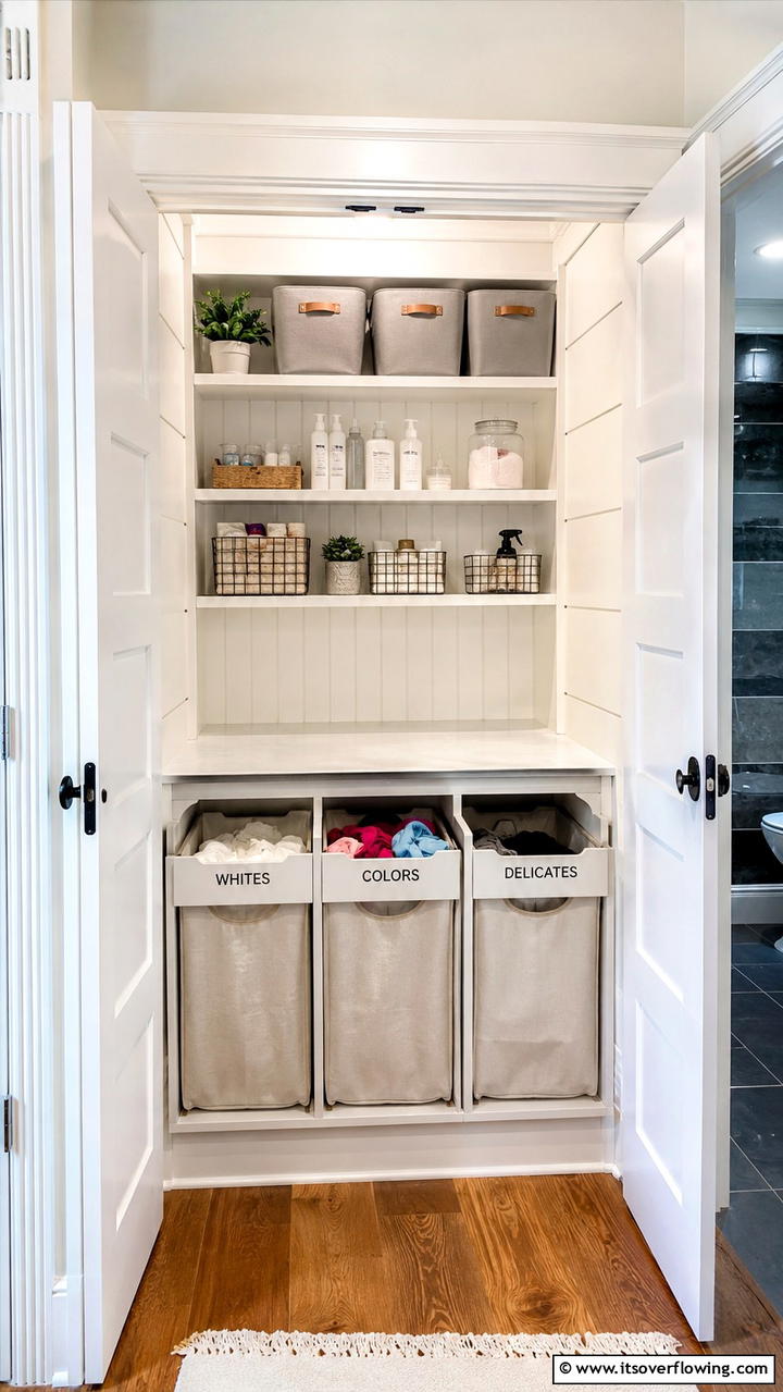 Incorporating a Built In Laundry Sorting System - 30 Smart Hall Closet Organization Ideas for Maximized Space