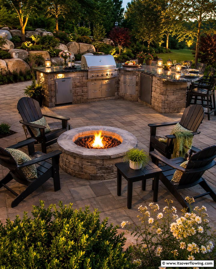 Incorporating a Fire Pit for Warmth - 20 Functional L-Shaped Outdoor Kitchen Ideas for Entertaining