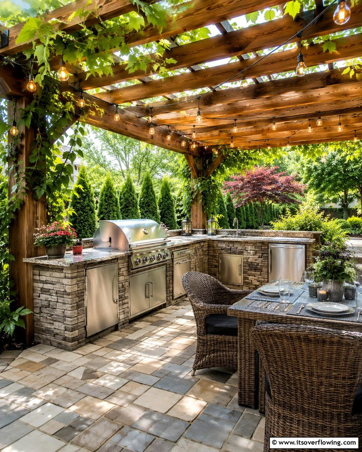 Incorporating a Pergola for Shade - 20 Functional L-Shaped Outdoor Kitchen Ideas for Entertaining