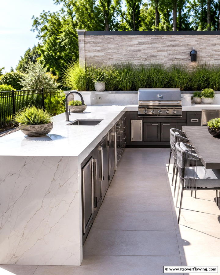 Incorporating a Waterfall Countertop - 20 Functional L-Shaped Outdoor Kitchen Ideas for Entertaining