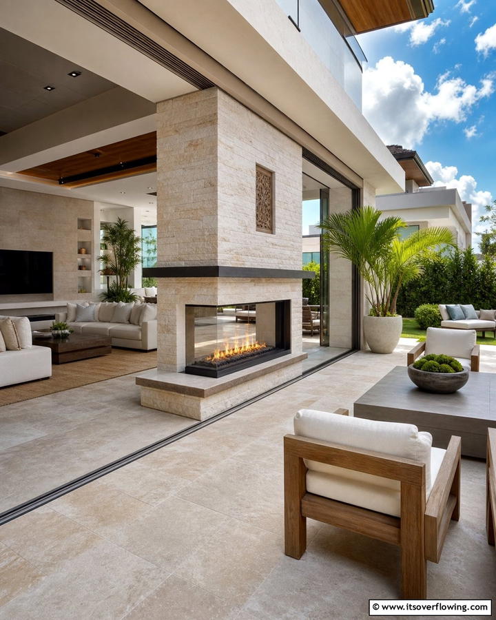 Indoor Outdoor Fireplace Transition - 21 Modern Fireplace Ideas for Cozy Contemporary Living Rooms