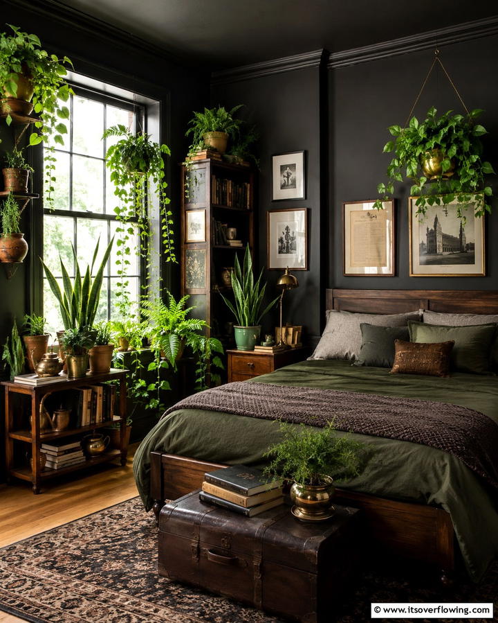 Indoor Plants - 30 Dark Academia Bedroom Designs for a Scholarly Aesthetic
