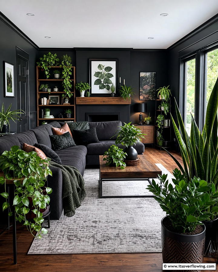 Indoor Plants - 25 Dark Living Room Ideas for a Moody and Chic Space