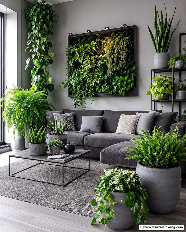 Indoor Plants Paired with Grey Elements - 25 Green and Grey Living Room Ideas for Modern Homes