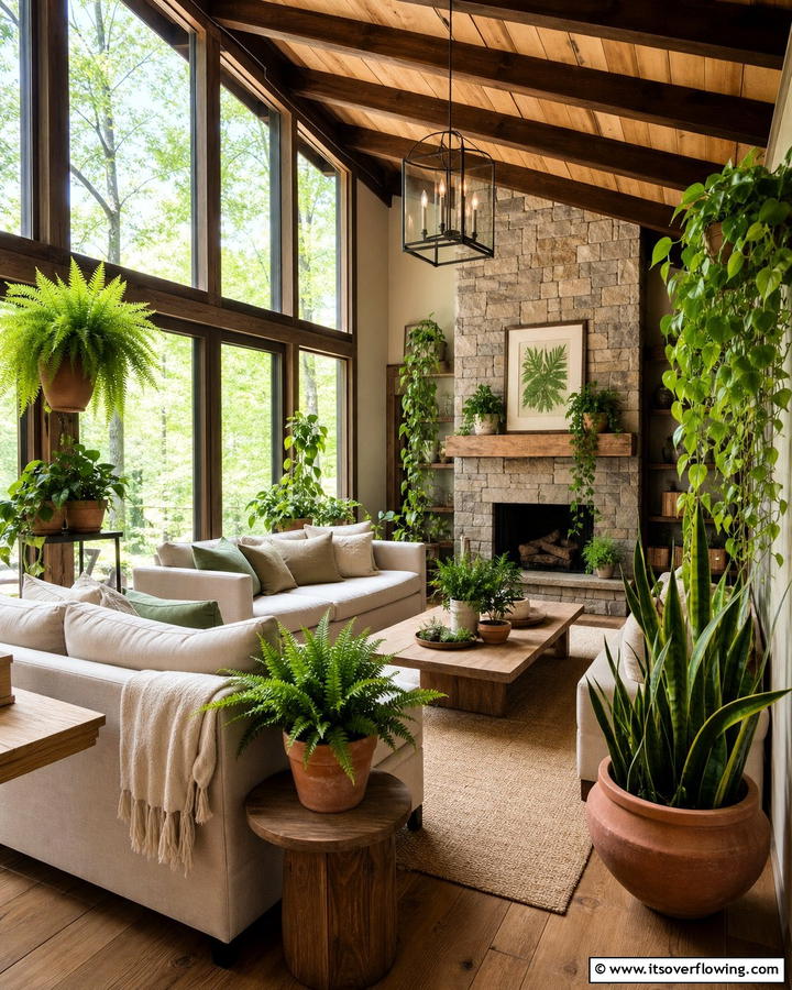 Indoor Plants for Freshness - 20 Cabin Living Room Ideas for Cozy Comfort