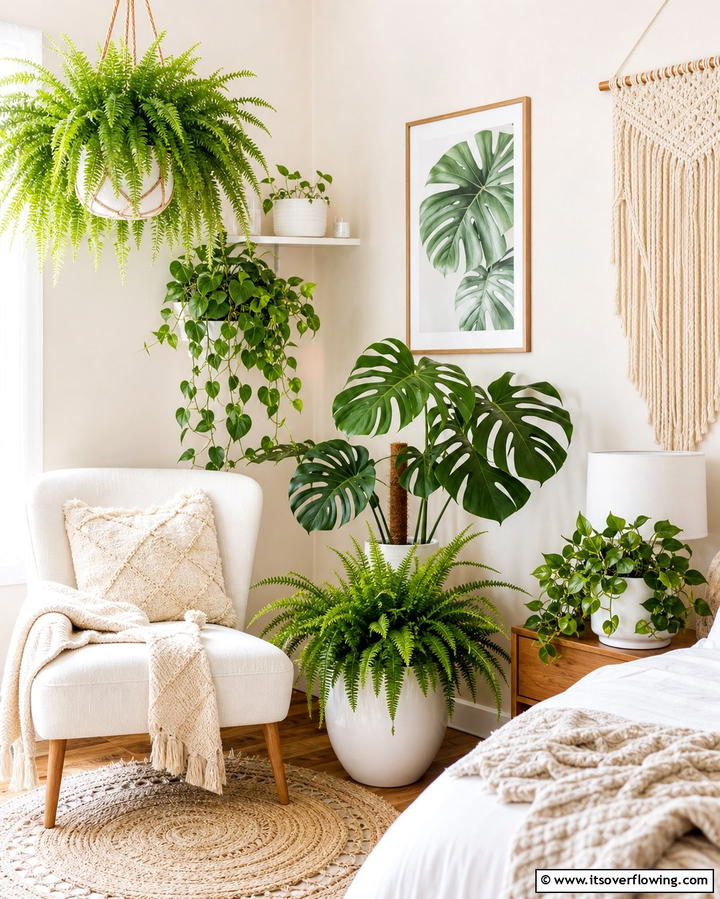 Indoor Plants for Natural Accents - 25 Green and White Bedroom Ideas for Serenity