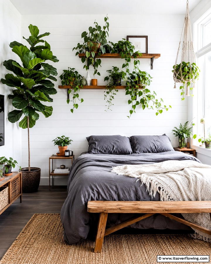 Indoor Plants with Grey Bedding - 25 Modern Green and Grey Bedroom Design Ideas