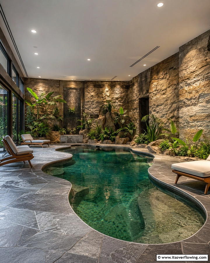 Indoor Pool with Natural Stone Surroundings - 25 Luxurious Indoor Pool Ideas for Year-Round Relaxation