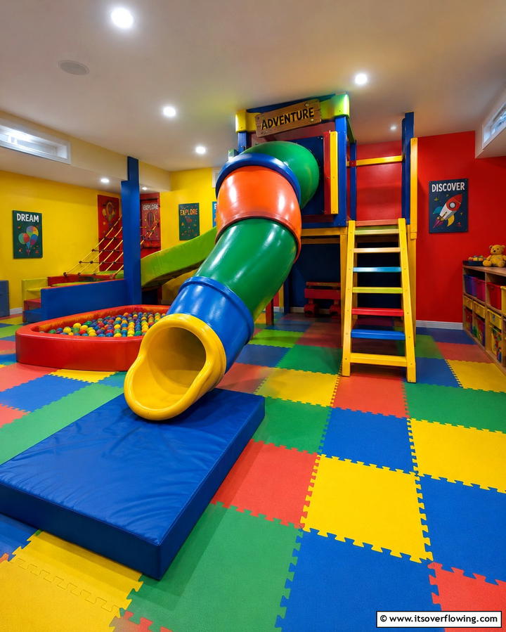 Indoor Slide - 25 Fun Basement Playroom Ideas for Kids of All Ages