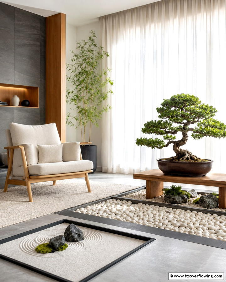 Indoor Zen Garden Elements - 25 Japandi Living Room Ideas for Minimalist Elegance
