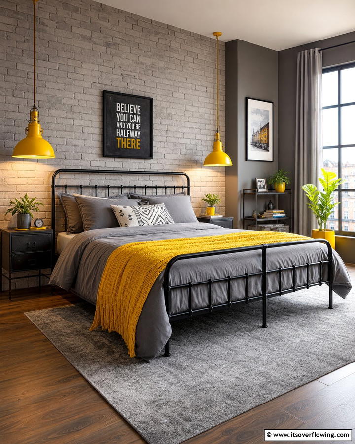 Industrial Accents - 25 Yellow and Grey Bedroom Ideas for a Chic Look