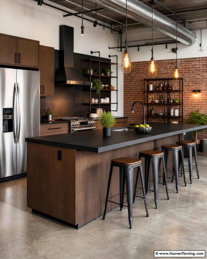 Industrial Aesthetic with Matte Finishes - 25 Brown Kitchen Cabinets With Black Countertops