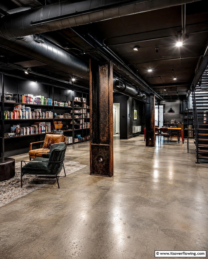 Industrial Black Basement - 30 Black Basement Design Ideas for a Modern & Cozy Space